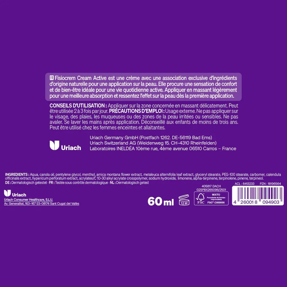 Étiquette Fisiocrem Active 60 ml avec conseils d'utilisation, précautions et ingrédients