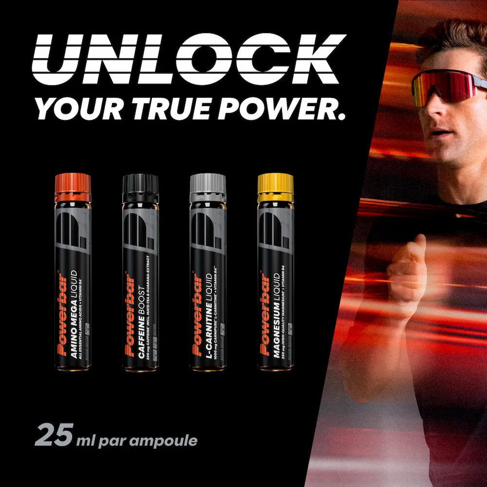 Gamme d'ampoules Powerbar Black Line 25 ml avec Magnesium Liquid, L-Carnitine, Caffeine Boost et Amino Mega Liquid