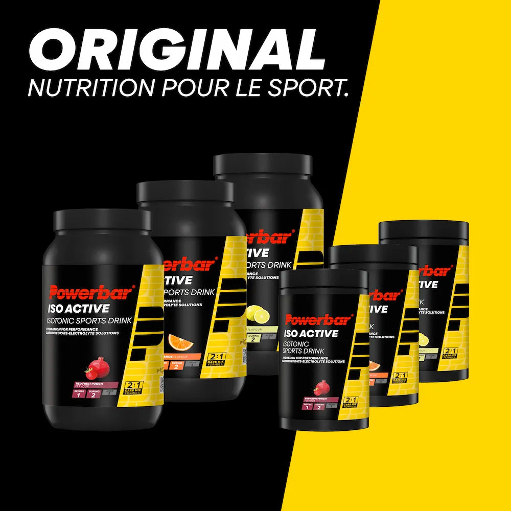 Gamme Powerbar Isoactive avec les trois saveurs citron, orange et fruits rouges en deux formats