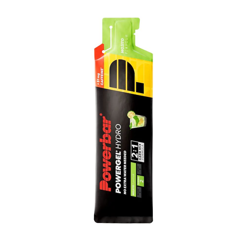 Gel énergétique liquide Powerbar PowerGel Hydro 67 ml Mojito avec 51 mg de caféine et glucides 2:1