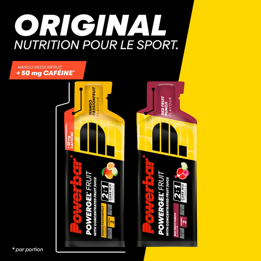 Gels énergétiques Powerbar PowerGel Fruit Fruits Rouges et Mangue-Passion avec 26 g de glucides par gel