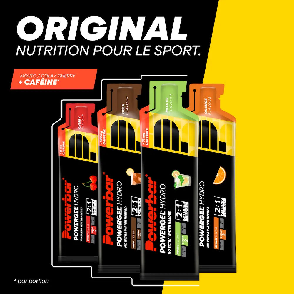 Gels énergétiques liquides Powerbar PowerGel Hydro Cerise, Cola, Mojito et Orange avec versions caféinées