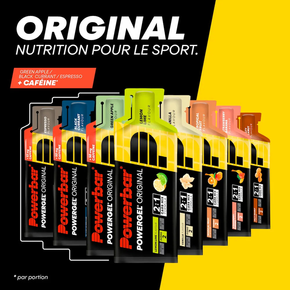 Gamme de gels énergétiques Powerbar PowerGel Original 41 g en 8 saveurs avec versions caféinées Cassis, Pomme verte et Espresso