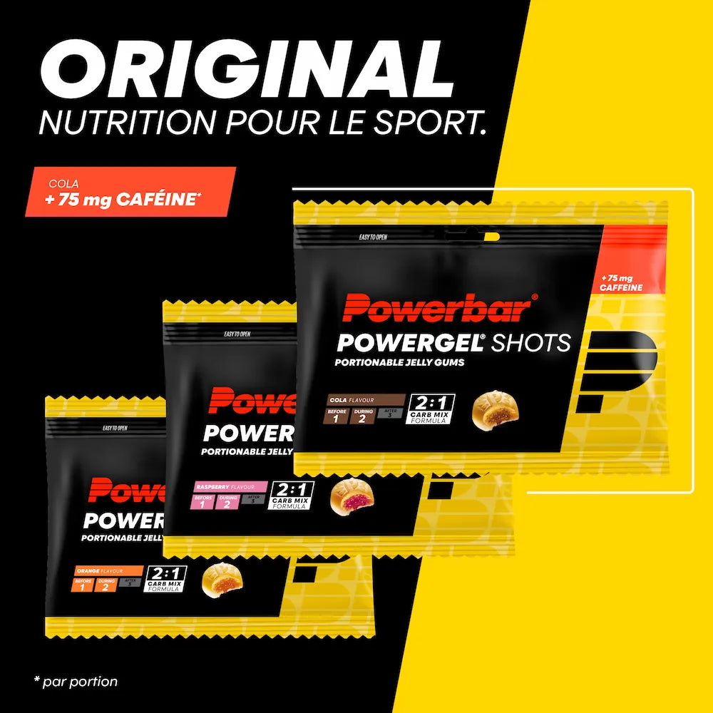 Gommes énergétiques Powerbar PowerGel Shots 60 g saveurs Cola avec caféine, Framboise et Orange