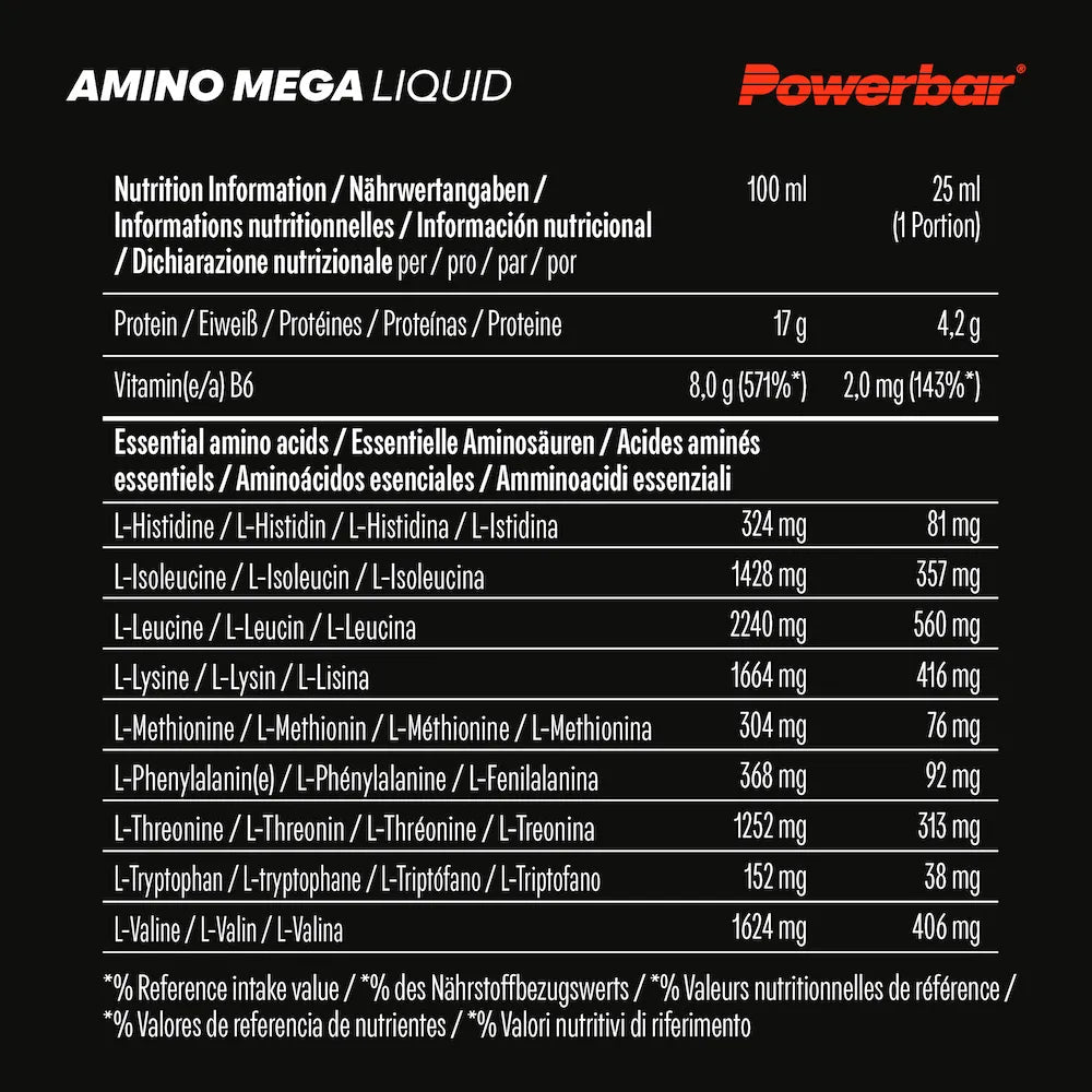 Informations nutritionnelles Powerbar Amino Mega Liquid avec protéines, vitamine B6 et acides aminés essentiels