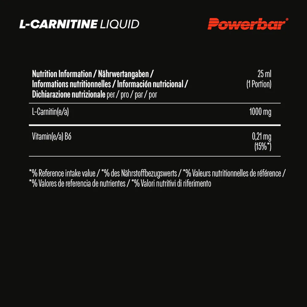 Informations nutritionnelles Powerbar L-Carnitine Liquid avec 1000 mg de L-carnitine et 0,21 mg de vitamine B6 par ampoule
