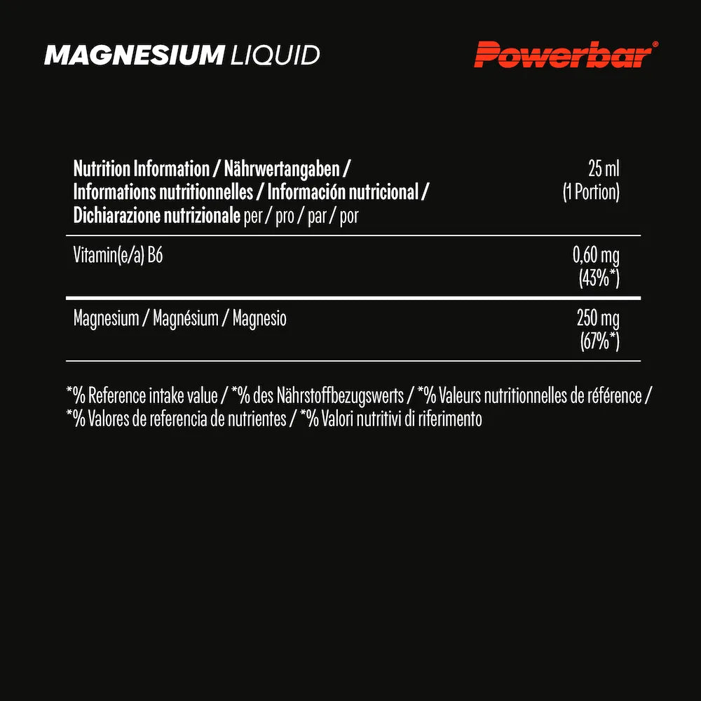 Informations nutritionnelles Powerbar Magnesium Liquid avec 250 mg de magnésium et 0,60 mg de vitamine B6 par ampoule