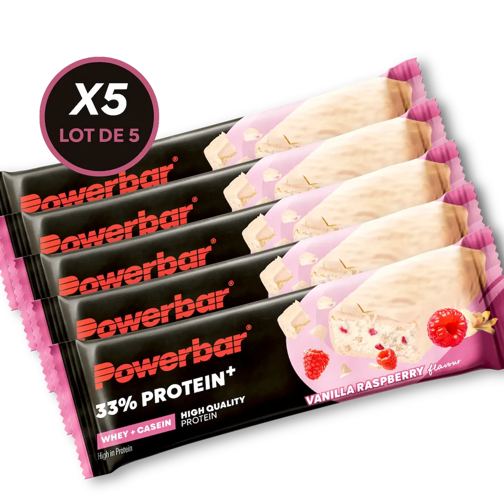 Lot de 5 barres protéinées Powerbar 33% Protein+ 90 g saveur Vanille-framboise