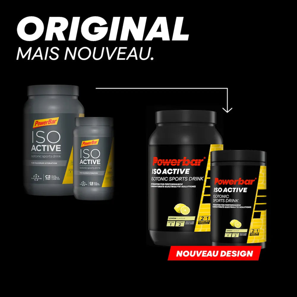 Ancien et nouveau design des pots Powerbar Isoactive citron 600 g et 1320 g