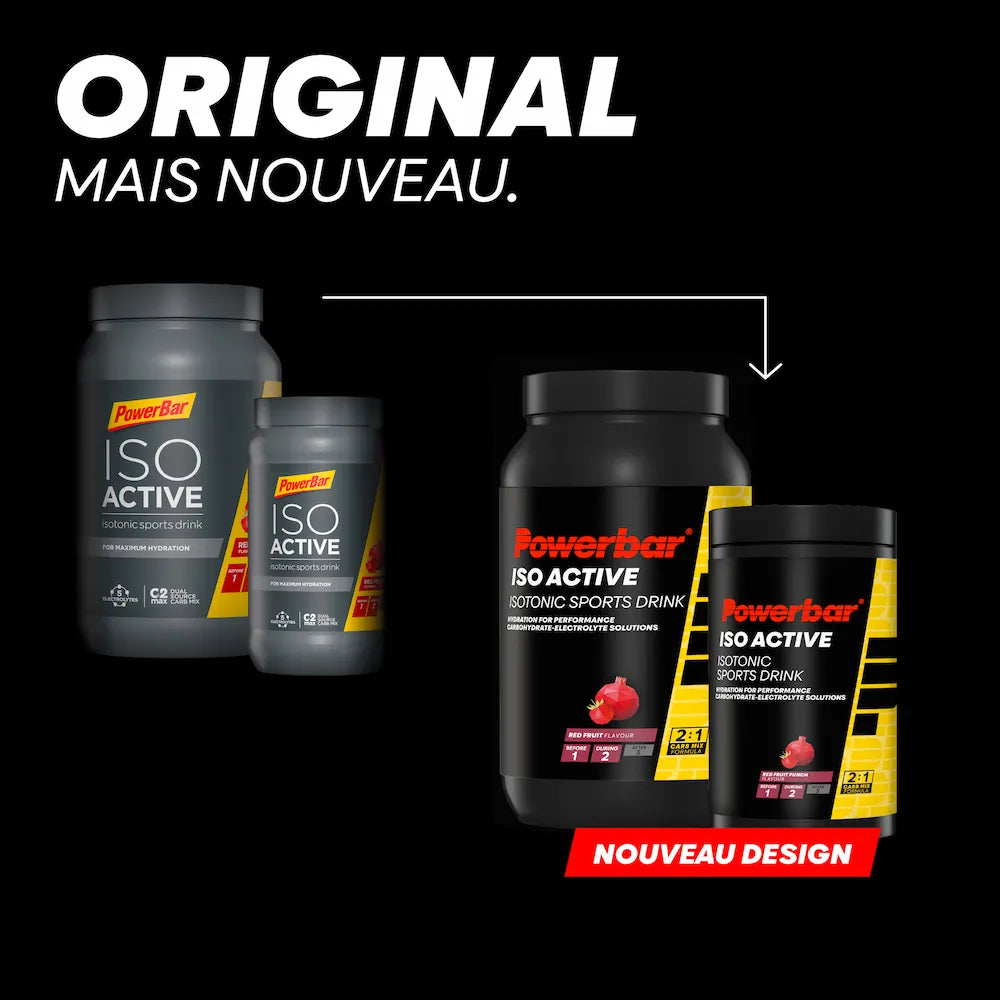 Ancien et nouveau design des pots Powerbar Isoactive fruits rouges 600 g et 1320 g