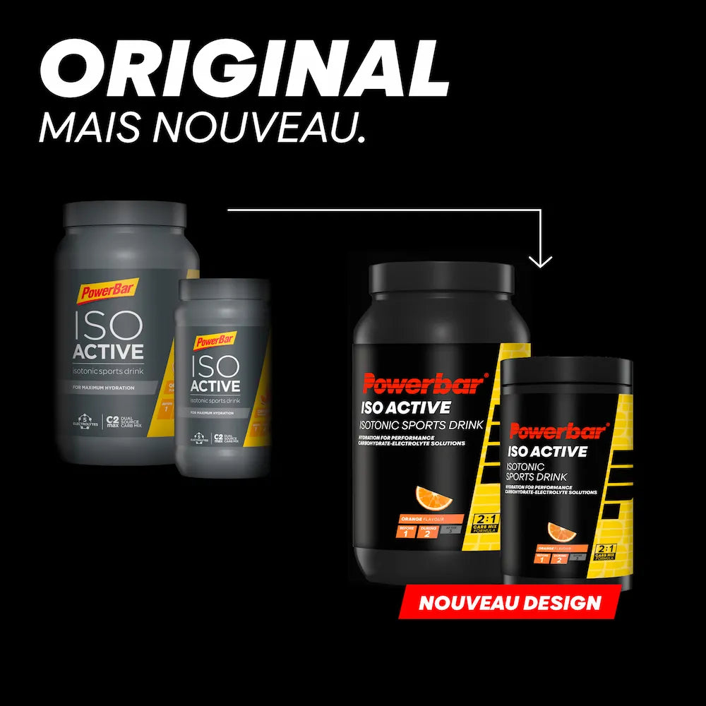 Ancien et nouveau design des pots Powerbar Isoactive orange 600 g et 1320 g