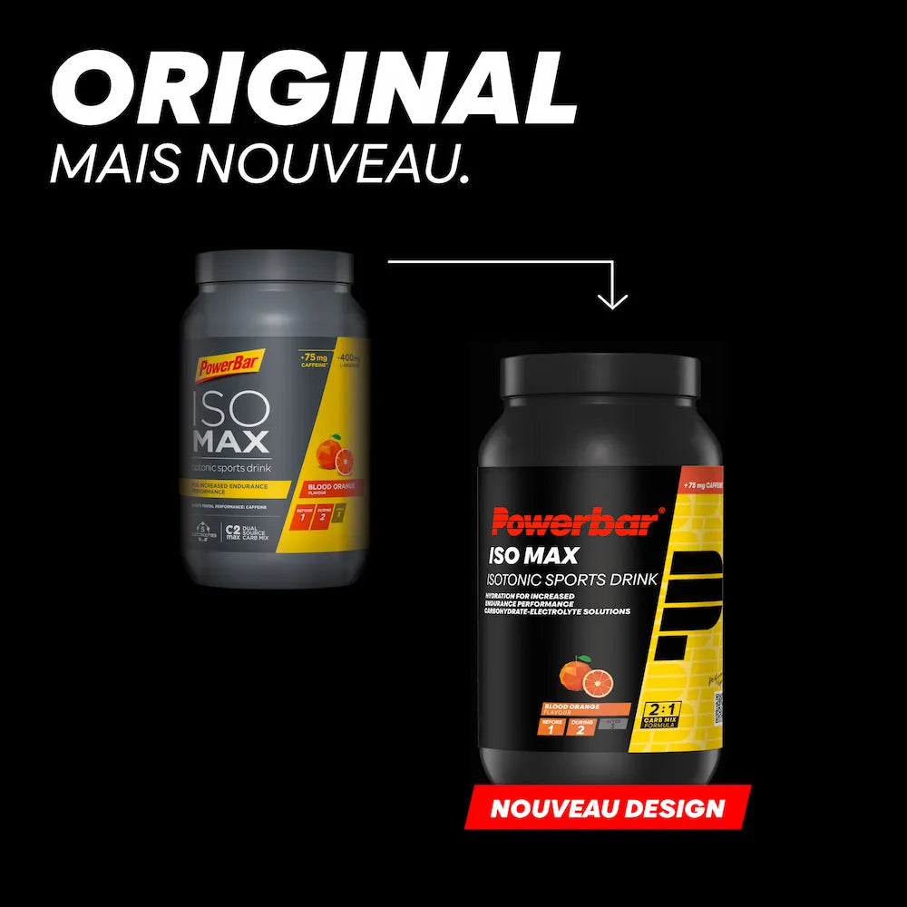 Ancien et nouveau design du pot Powerbar IsoMax Orange Sanguine