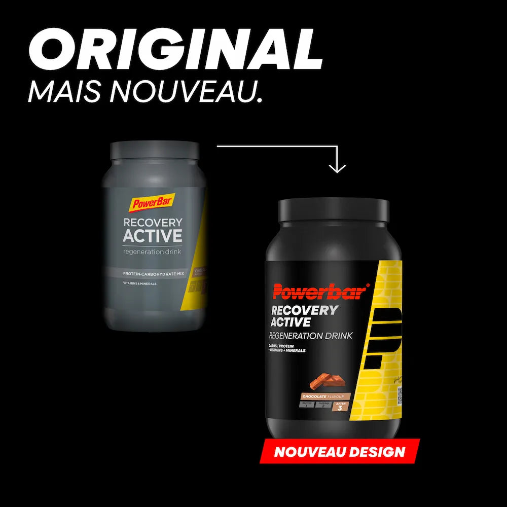 Ancien et nouveau design du pot Powerbar Recovery Active chocolat
