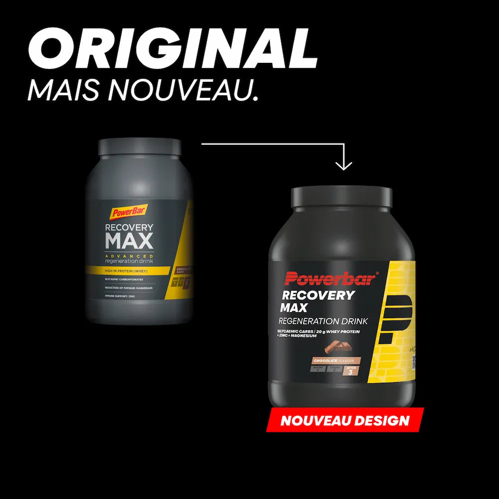 Ancien et nouveau design du pot Powerbar Recovery Max chocolat
