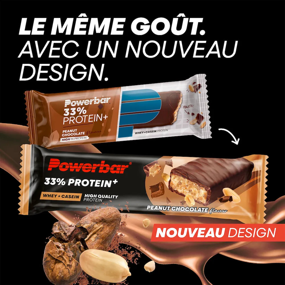 Ancien et nouveau packaging de la barre Powerbar 33% Protein+ Chocolat-cacahuètes 90 g