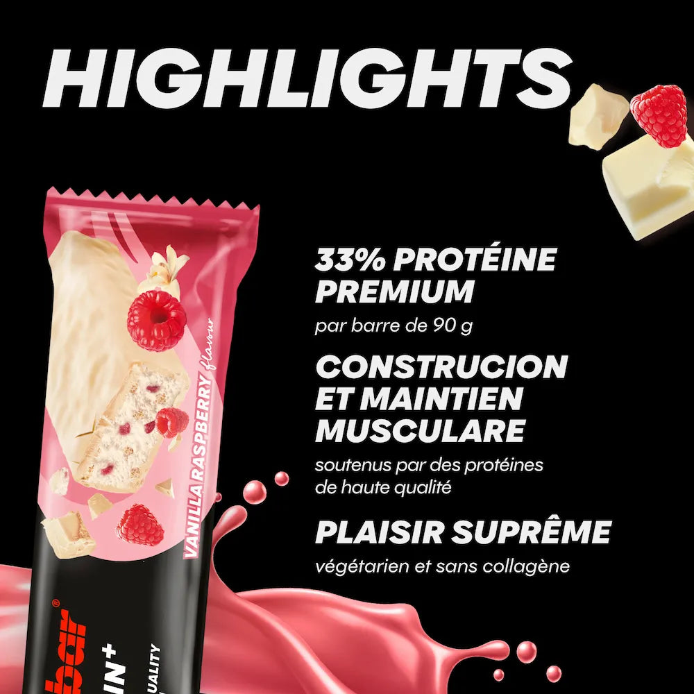Barre Powerbar 33% Protein+ Vanille-framboise avec 30 g de protéines pour 90 g