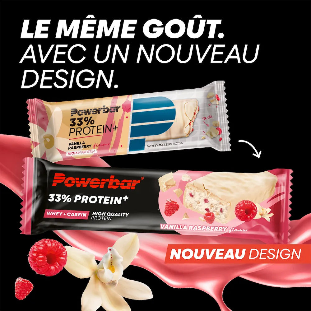 Ancien et nouveau packaging de la barre Powerbar 33% Protein+ Vanille-framboise 90 g