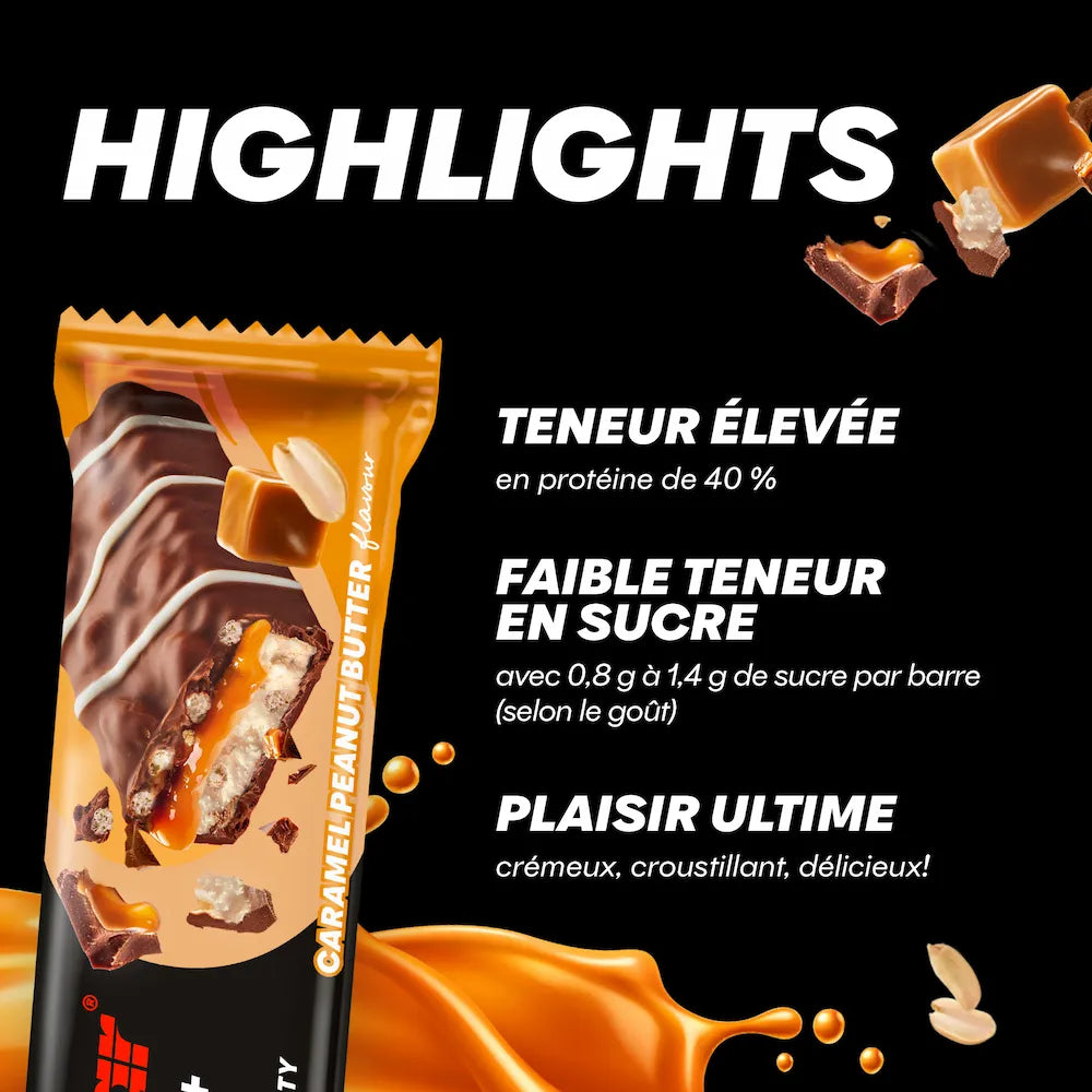 Barre Powerbar 40% Protein+ Crisp Caramel Peanut Butter avec caramel, cacahuète et 40% de protéines