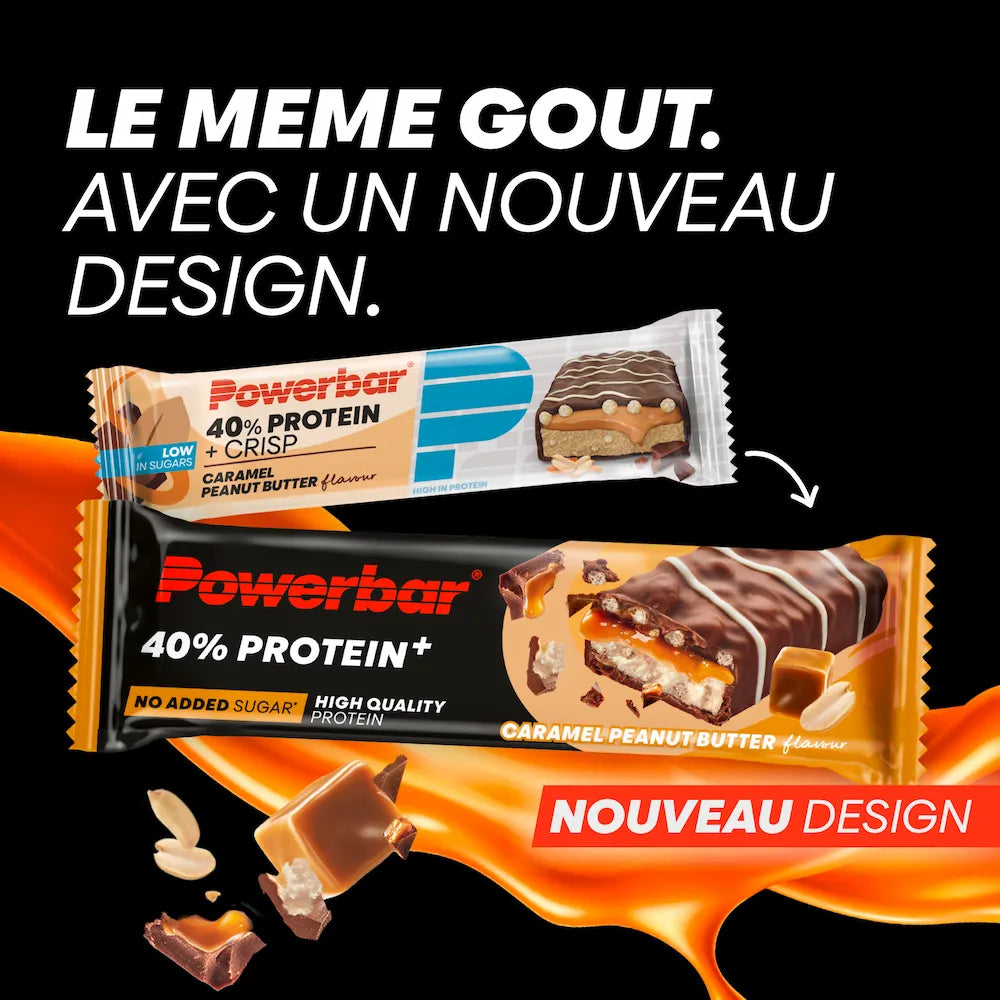 Ancien et nouveau packaging de la barre Powerbar 40% Protein+ Crisp Caramel Peanut Butter