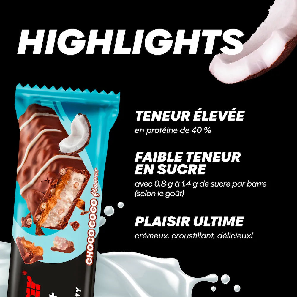 Barre Powerbar 40% Protein+ Crisp Choco Coco coupée avec enrobage chocolaté, intérieur croustillant et noix de coco
