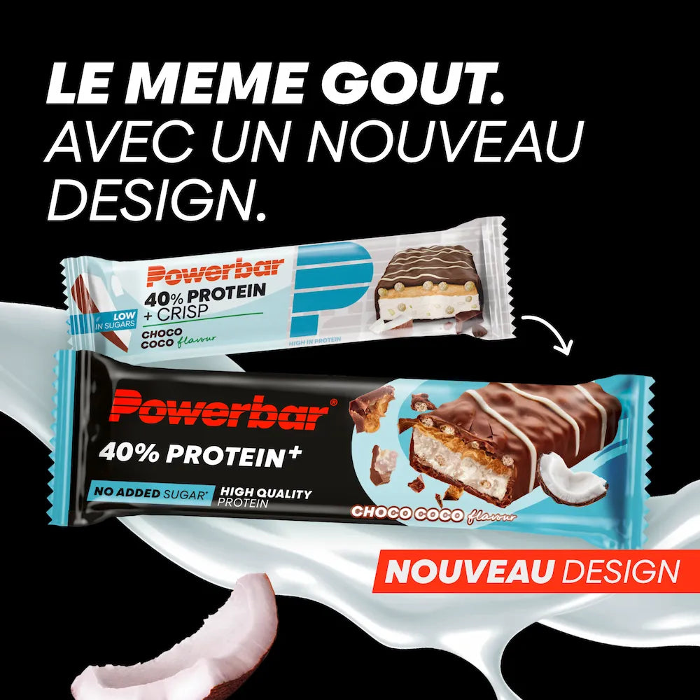Ancien et nouveau packaging de la barre Powerbar 40% Protein+ Crisp Choco Coco 40 g