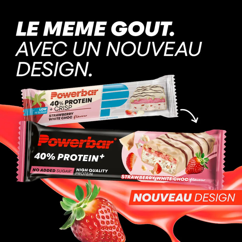 Ancien et nouveau packaging de la barre Powerbar 40% Protein+ Crisp Strawberry White Choc 40 g