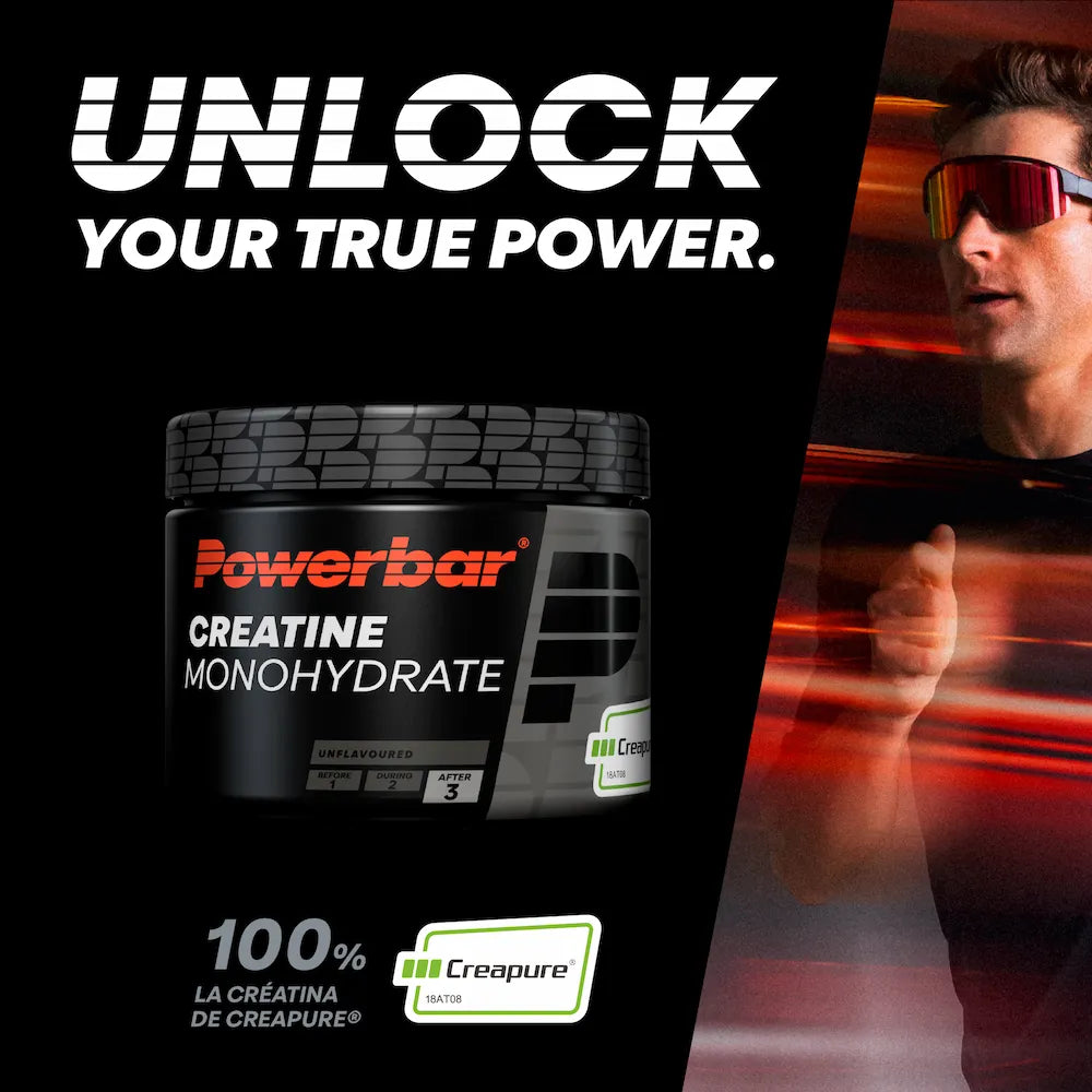 Créatine monohydrate Powerbar Creapure avec sportif lors d'un entraînement