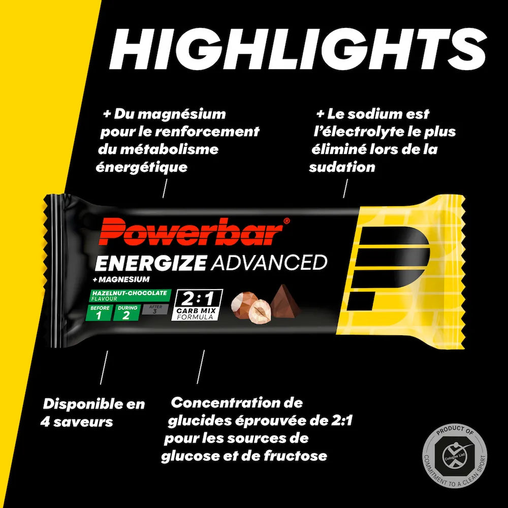 Barre Powerbar Energize Advanced Chocolat-Noisettes avec magnésium, sodium et mélange de glucides glucose-fructose 2:1