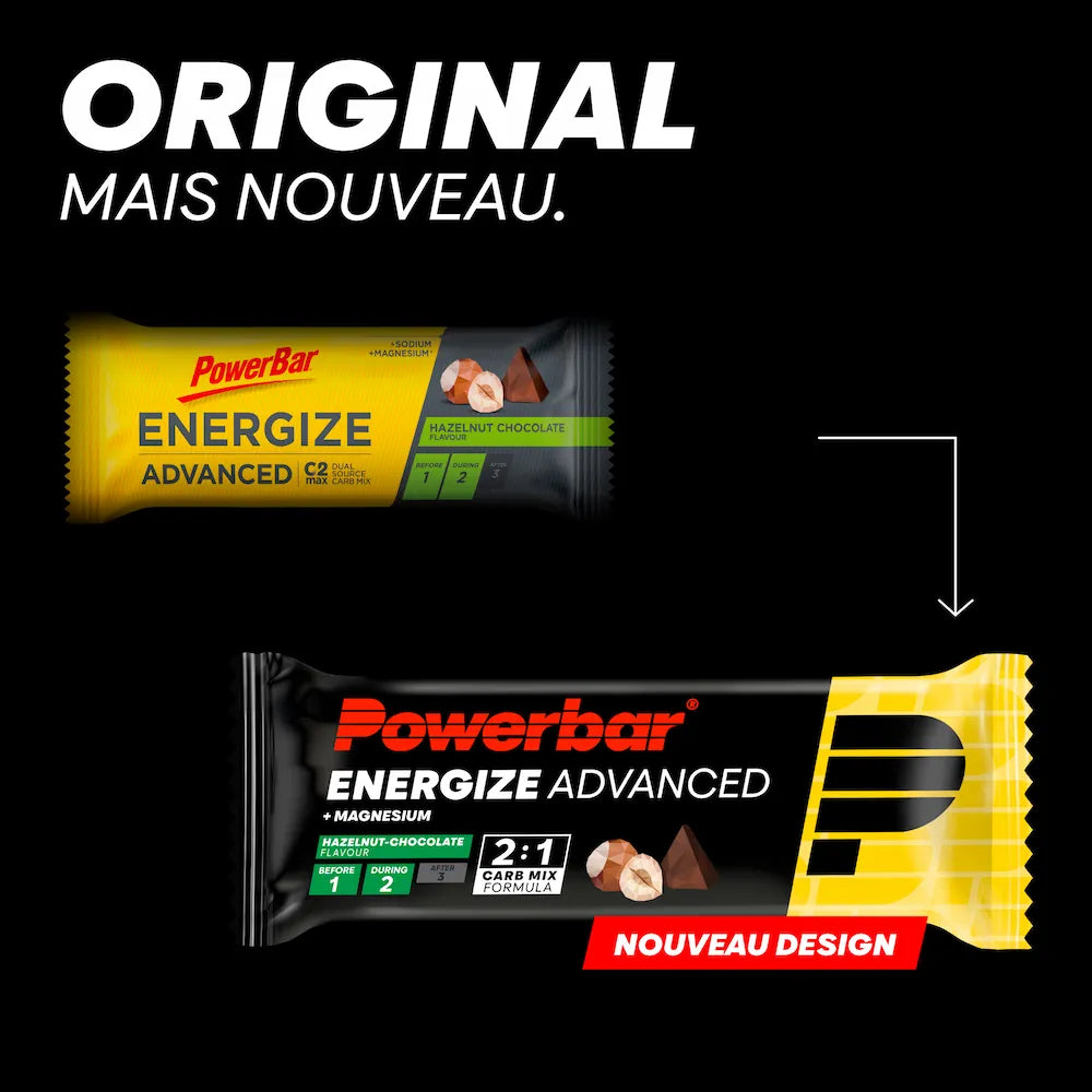 Ancien et nouveau packaging de la barre Powerbar Energize Advanced Chocolat-Noisettes 55 g