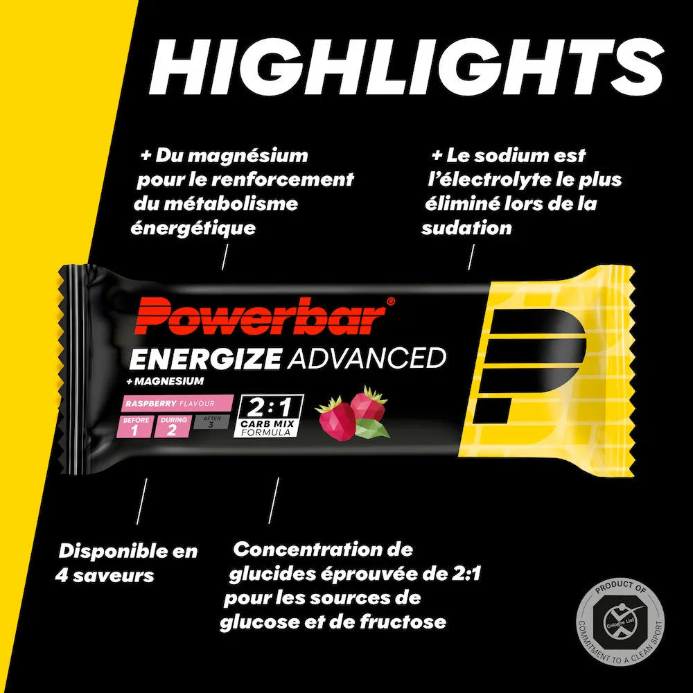 Barre Powerbar Energize Advanced Framboise avec magnésium, sodium et mélange de glucides glucose-fructose 2:1