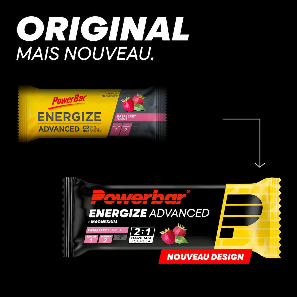 Ancien et nouveau packaging de la barre Powerbar Energize Advanced Framboise 55 g