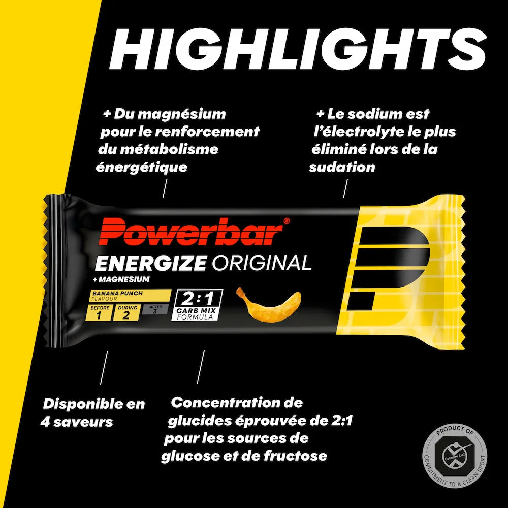 Barre Powerbar Energize Original Banane Punch avec magnésium, sodium et mélange de glucides glucose-fructose 2:1