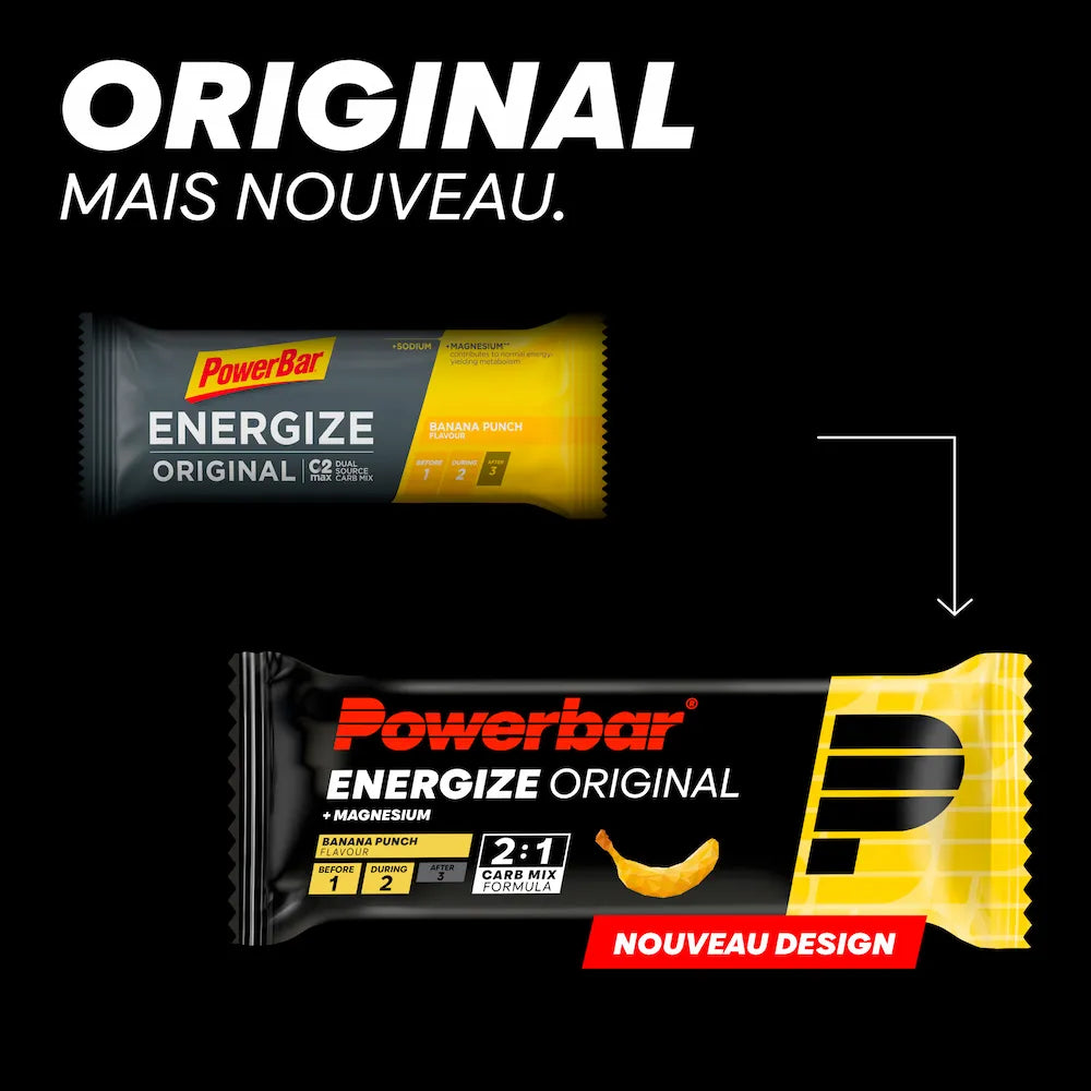 Ancien et nouveau packaging de la barre Powerbar Energize Original Banane Punch