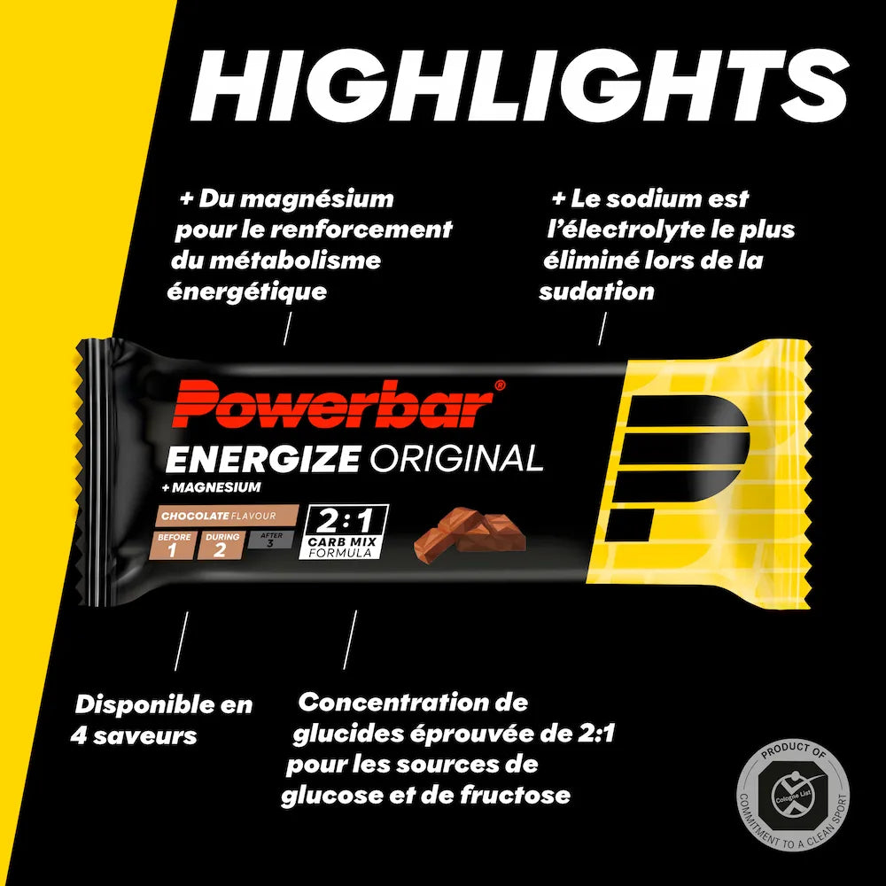 Barre Powerbar Energize Original Chocolat avec magnésium, sodium et mélange de glucides glucose-fructose 2:1