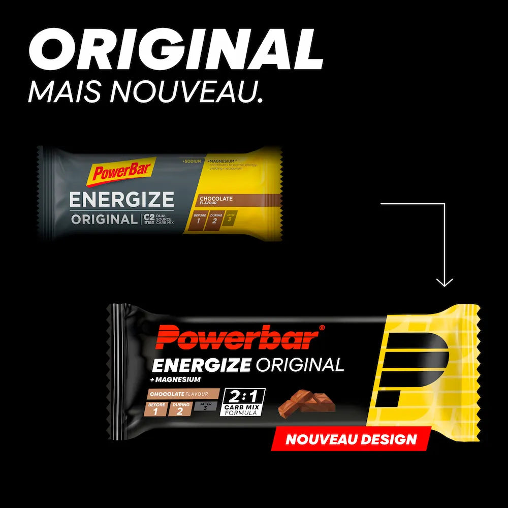 Ancien et nouveau packaging de la barre Powerbar Energize Original Chocolat