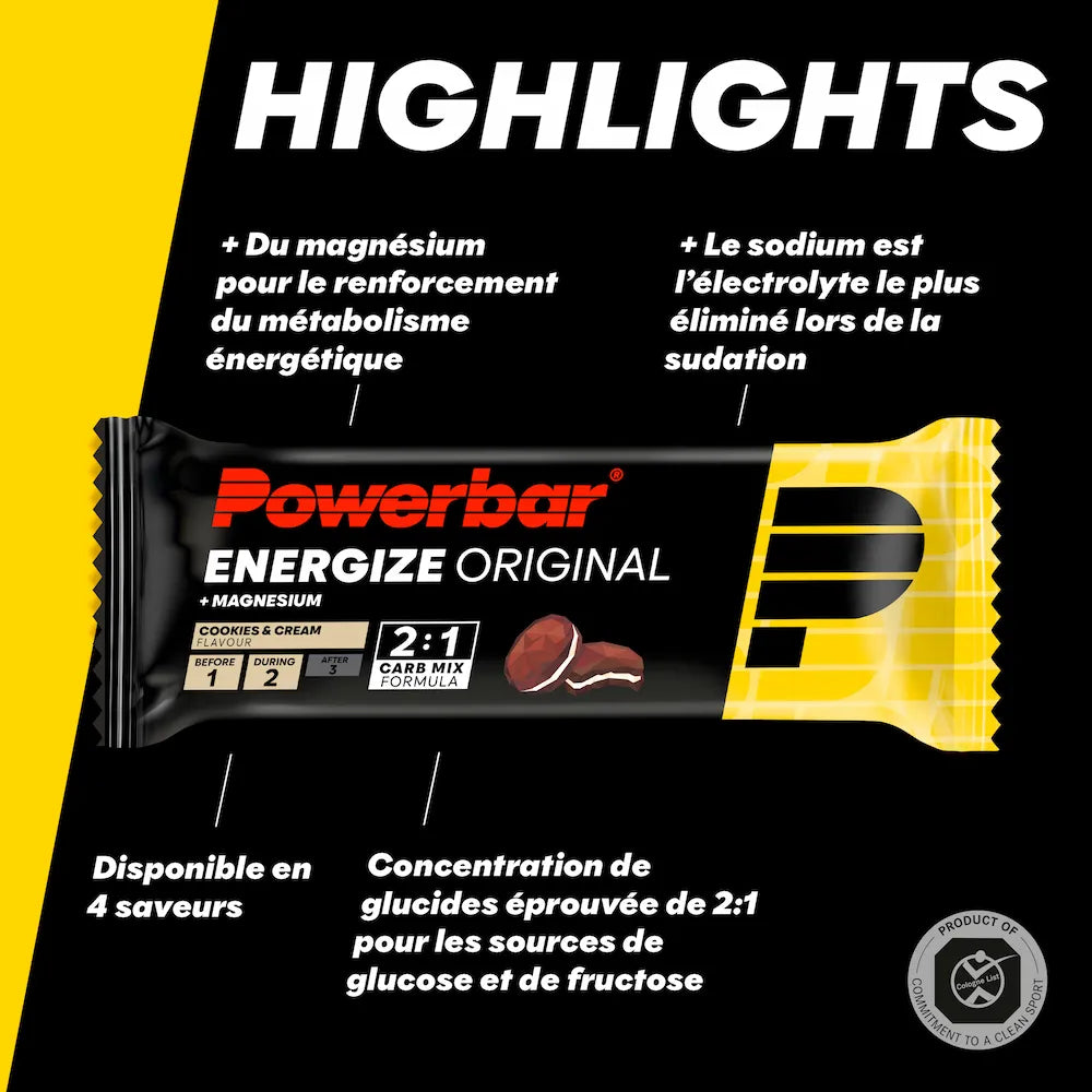 Barre Powerbar Energize Original Cookies & Cream avec magnésium, sodium et mélange de glucides glucose-fructose 2:1
