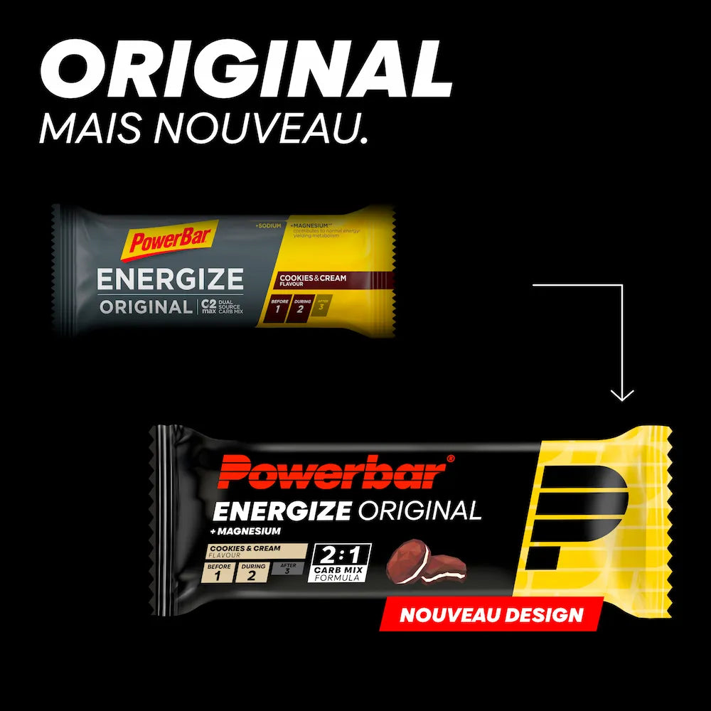Ancien et nouveau packaging de la barre Powerbar Energize Original Cookies & Cream