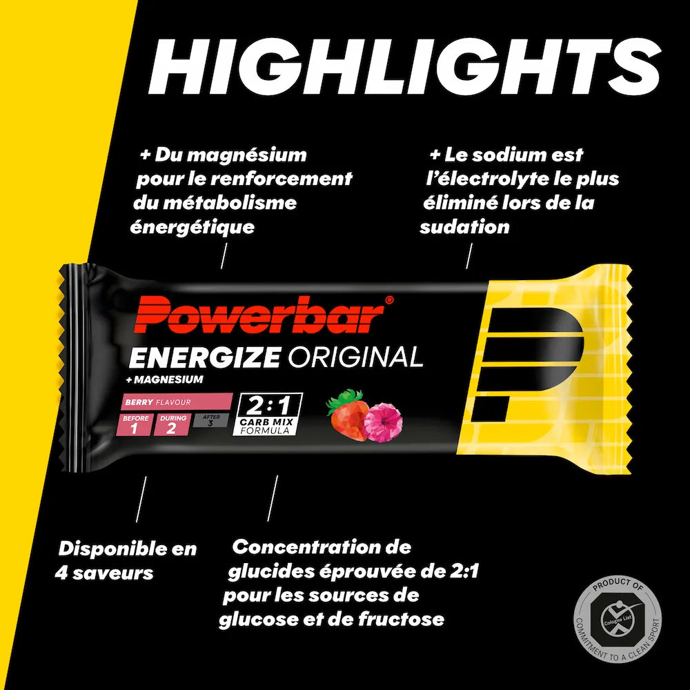 Barre Powerbar Energize Original Fruits des bois avec magnésium, sodium et mélange de glucides glucose-fructose 2:1