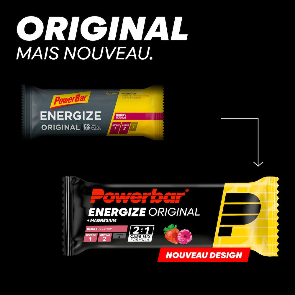 Ancien et nouveau packaging de la barre Powerbar Energize Original Fruits des bois