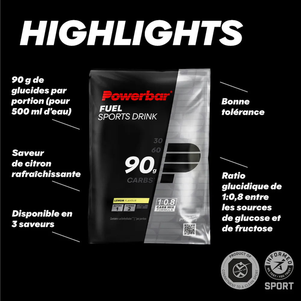 Powerbar Fuel Sports Drink Citron avec 90 g de glucides, ratio glucose fructose 1:0,8 et préparation dans 500 ml d'eau