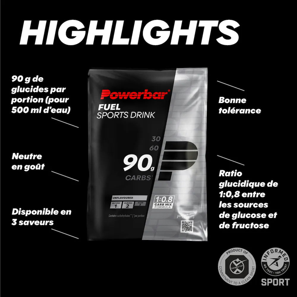Powerbar Fuel Sports Drink goût neutre avec 90 g de glucides, ratio glucose fructose 1:0,8 et préparation dans 500 ml d'eau