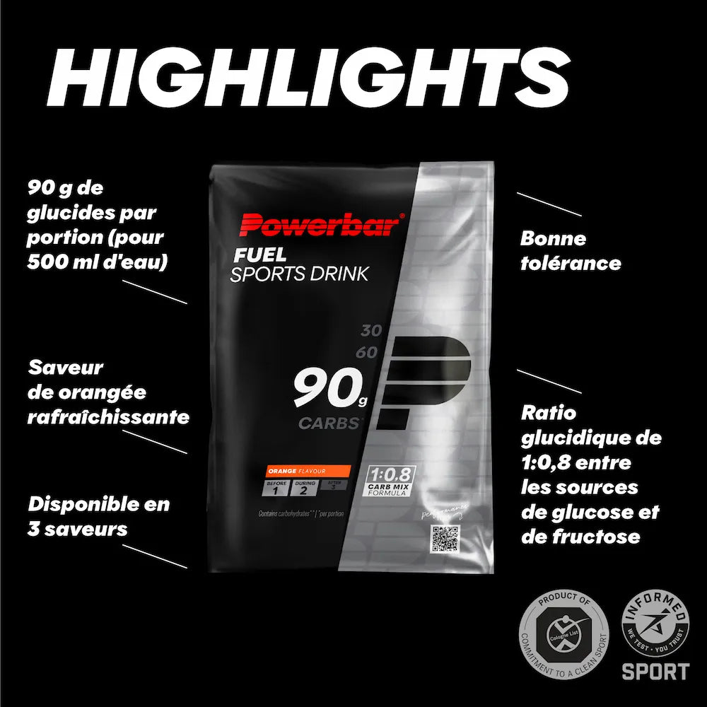 Powerbar Fuel Sports Drink Orange avec 90 g de glucides, ratio glucose fructose 1:0,8 et préparation dans 500 ml d'eau