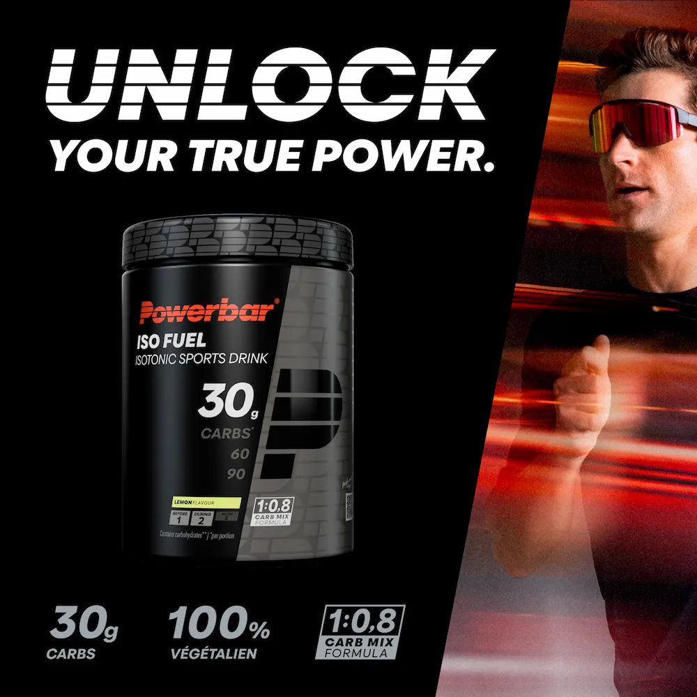 Powerbar Iso Fuel 30 citron avec sportif pendant un effort d'endurance