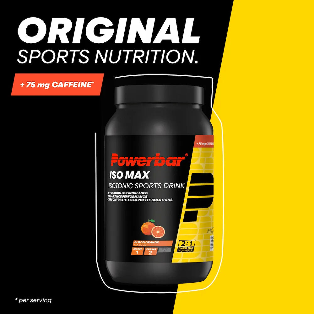 Powerbar IsoMax Orange Sanguine, boisson isotonique avec 75 mg de caféine par portion