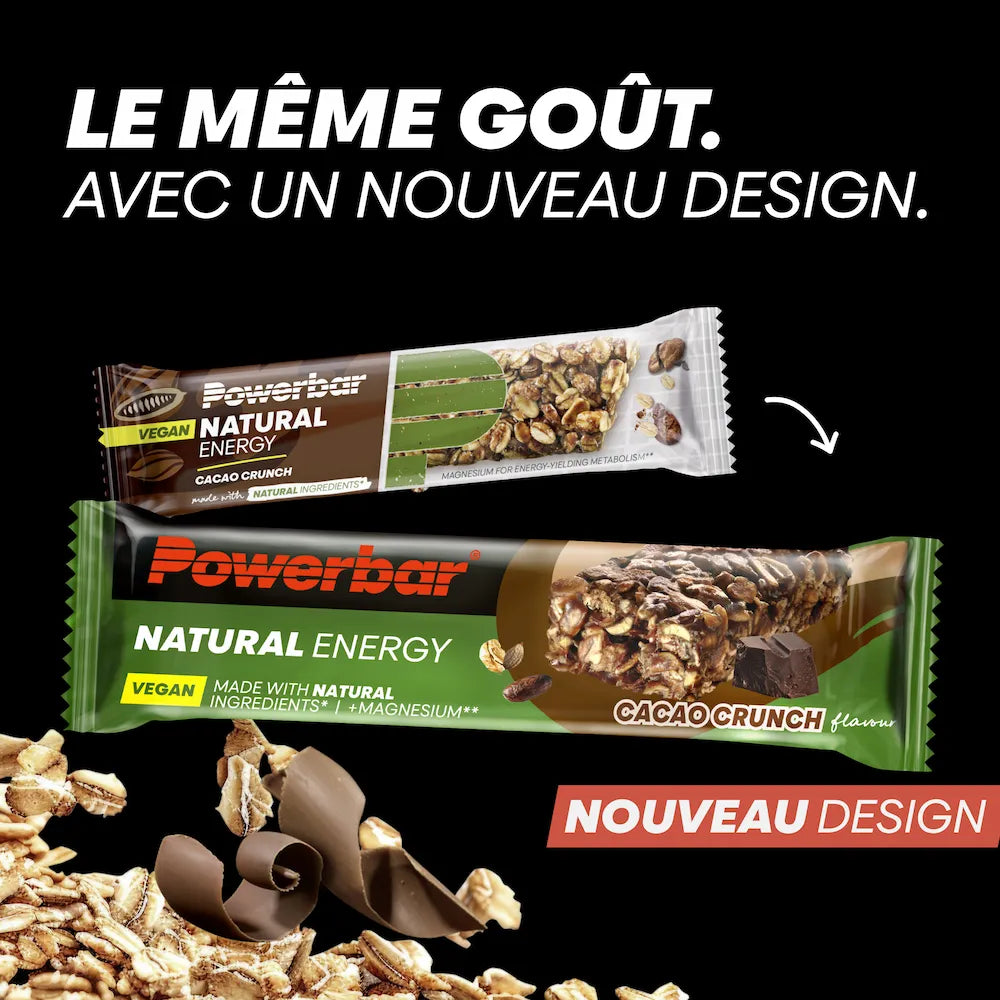 Ancien et nouveau packaging de la barre vegan Powerbar Natural Energy Cacao Crunch 40 g