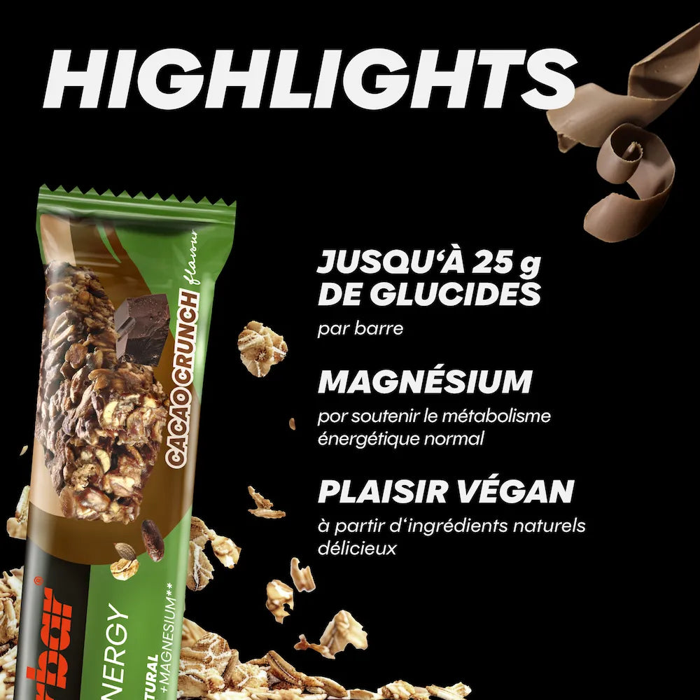 Barre Powerbar Natural Energy Cacao Crunch vegan avec avoine, chocolat, jusqu'à 25 g de glucides et magnésium
