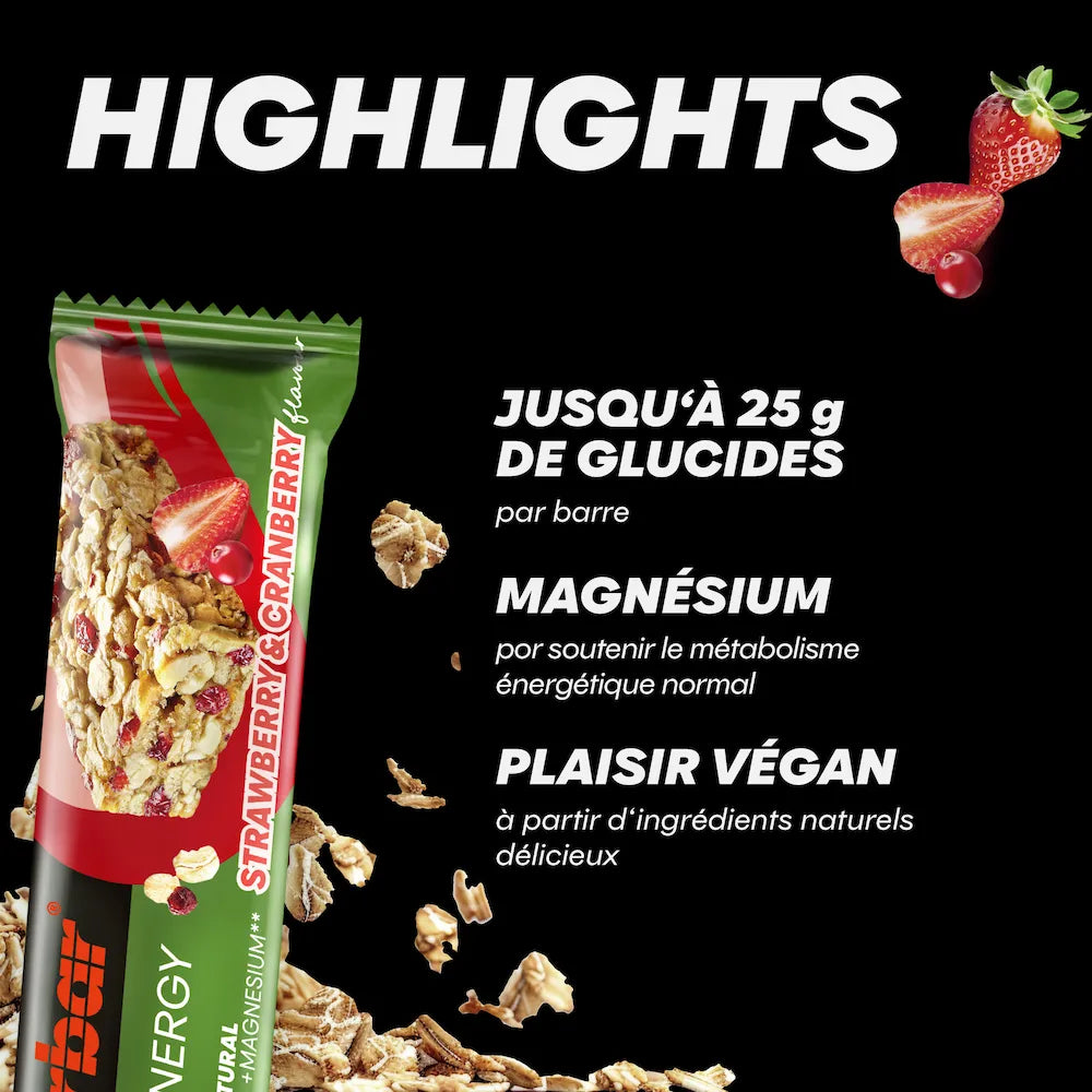 Barre Powerbar Natural Energy Fraise-canneberge vegan avec avoine, fraises, canneberges, jusqu'à 25 g de glucides et magnésium