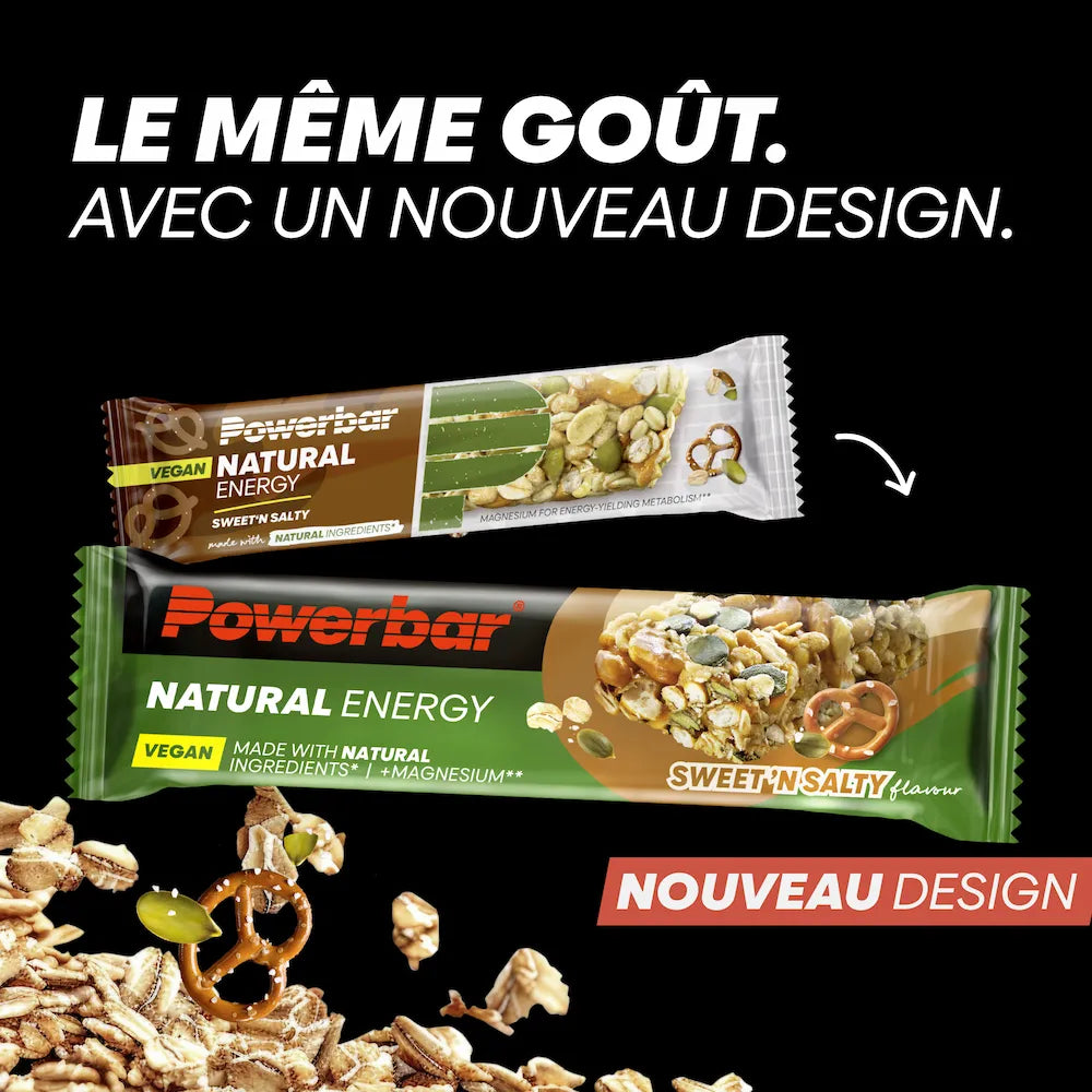 Ancien et nouveau packaging de la barre vegan Powerbar Natural Energy Sucré-salé 40 g