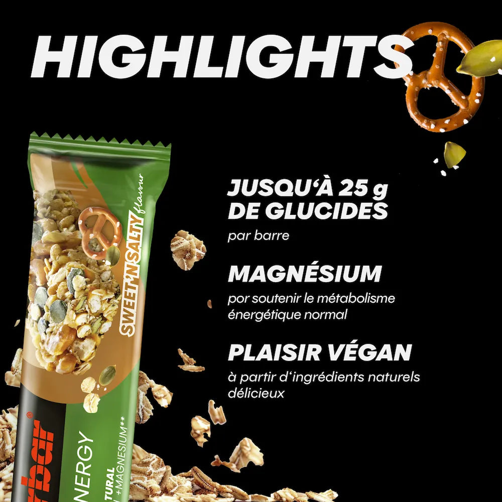 Barre Powerbar Natural Energy Sucré-salé vegan avec avoine, graines de courge, bretzel, jusqu'à 25 g de glucides et magnésium