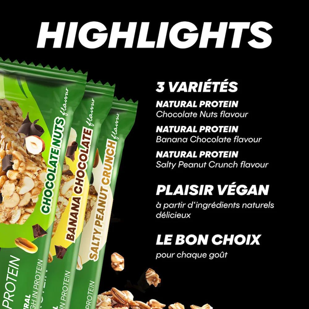 Présentation des trois barres vegan Powerbar Natural Protein Chocolat-noisettes, Banane-chocolat et Cacahuètes salées